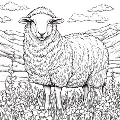 Poster - Delightful handdrawn black and white outline of a fluffy sheep grazing in a meadow perfect for kids to color and connect with farm life