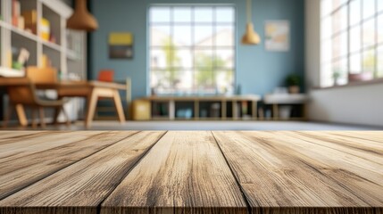 Poster - 3D rendering of a blank wooden tabletop with a blurred interior of a schoolchild s room in the background
