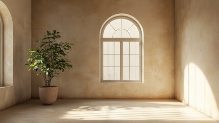 Poster - 3D rendering of a spacious vacant room featuring a window and a potted plant devoid of furniture and decorations