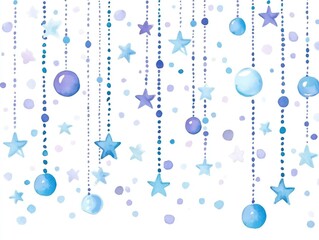 Poster - Seamless background featuring blue and purple dots alongside blue stars on a white canvas A string of aquamarine beads balls and cute star illustrations creates a whimsical starry rain effect