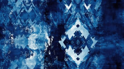 Poster - Ikat Seamless Pattern with Dark Bleach Dye Indigo Geometrical Borders Minimal Batik and Watercolor Crystal Stains