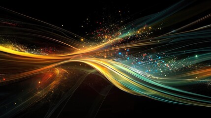 Poster - Abstract design showcasing particle trails and light elements in a three dimensional space emphasizing themes of modern technology and scientific exploration