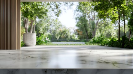 Poster - 3D rendering of an empty white stone marble table top with a blurred interior space featuring a view of greenery from a garden suitable for product display or montage