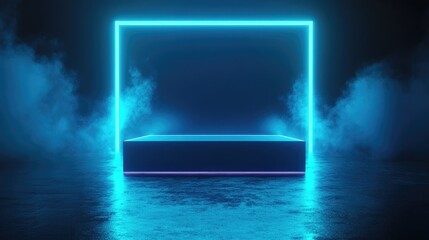 Poster - Blue podium illuminated by a glowing neon frame in a dark setting ideal for product showcases 3D rendering AI generated artwork