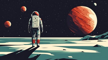 Flat-style space scene, astronaut walking on the surface of a planet, large planets and moons in the sky, clean geometric shapes, deep blue and purple space tones, minimalist design,