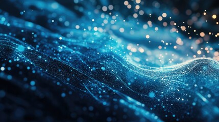 Poster - Abstract background featuring luminous particles a digital wave and sparkling blue elements Elegant blue floating particles illuminated by light 3D rendering
