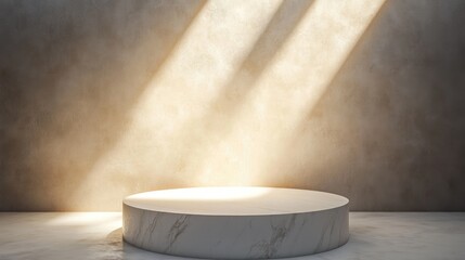 Poster - illuminated white round pedestal in an abstract setting features high quality 3d design with spotlig