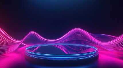 Poster - Glass podium with neon wave lines on a dark background featuring a futuristic design and empty studio setting with a crystal circular platform and pink blue laser light effects 3D illustration