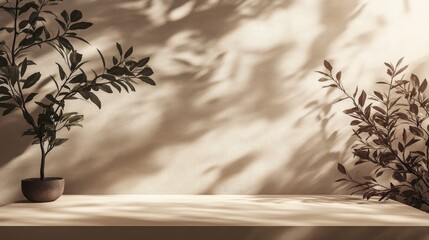 Poster - Empty brown and beige studio with leaf shadows for product display Seasonal backdrop Cosmetic exhibition 3D rendering