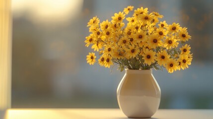 Poster - A simple yet elegant still life featuring a white vase filled with bright yellow flowers on a wooden table