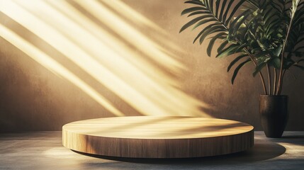 Poster - 3d rendering of an empty wooden pedestal or podium mockup with sunlight rays in the background ideal