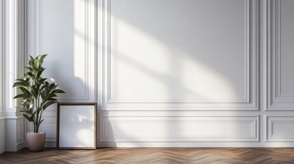 Poster - 3D rendering of a classic white wall background with a brown parquet floor and home furniture details featuring a frame and a potted plant