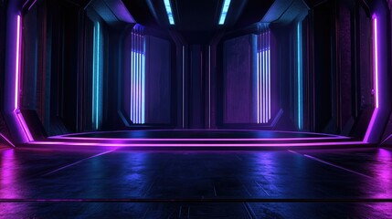 Poster - 3D rendered backdrop featuring a dark futuristic atmosphere with an empty stage illuminated by purple and blue lighting representing a contemporary interior concept suitable for product displays a
