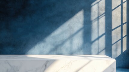 Poster - 3D Rendering of a White Marble Table Corner Featuring Light Beams Shadows and a Spotlight from a Vintage Window Against a Blue Concrete Wall Ideal for Product Presentation and Display