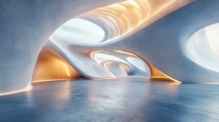 Poster - Futuristic abstract architecture featuring wavy designs and a concrete floor in a 3D rendering