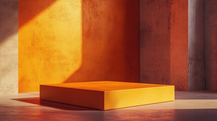 Poster - orange yellow rectangular cube podium positioned in vacant corner created with orange hues in 3d ren