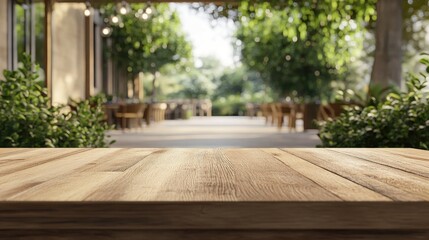 Poster - 3D rendering of an empty wood table with a blurred interior outdoor space of a coffee restaurant or cafe for background