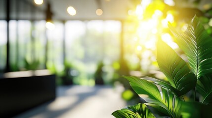 Poster - 3d rendering of a contemporary office featuring a blurred background with greenery and bright natura