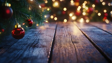 Poster - Glittering Christmas holiday background featuring 3D rendering of an empty wooden table