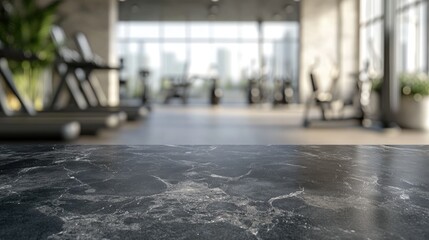 Poster - 3d rendering of an empty black marble stone table top on a blurred exercise and fitness interior bac