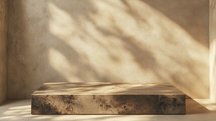 Poster - 3D rendering of a minimal abstract brown concrete background featuring light for showcasing products with shadows and light effects on a rustic plaster wall and a beige studio backdrop