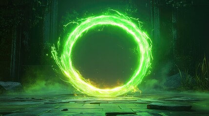 Poster - Electric green portal featuring a neon light effect Magical glowing ring with a circular energy flare in 2D LED 3D aura circle power UI game hologram with a mystical fantasy theme