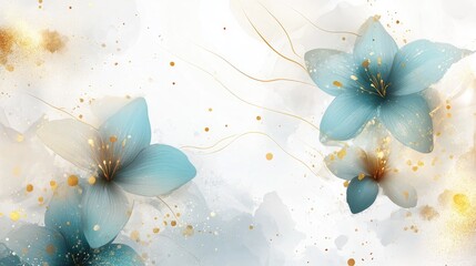 Poster - Elegant golden wallpaper design featuring a white background adorned with lovely light stripes and spots Includes artistic floral elements in gold and blue with a radiant texture Modern mural vect