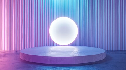 Poster - Pastel purple and blue presentation platform featuring a glowing white circular light on a textured background of embossed ribbed rectangles Vacant product display 3D rendering