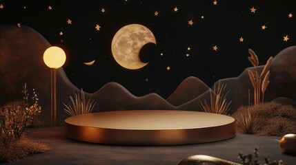 Poster - gold and brown podium in a landscape with moon stars and a lamp 3d rendering of a blank mockup