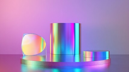 Poster - Rainbow geometric shapes in a modern 3D hologram featuring an empty cylinder podium a vacant pedestal for product display and a round stage 3D rendering image
