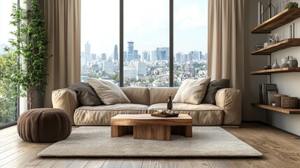 Poster - Contemporary living room interior in dark beige tones featuring a sofa pouf wooden coffee table and a decorative shelf complemented by a panoramic window showcasing a cityscape 3D rendering