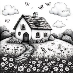 Poster - Delightful handdrawn black and white drawing of a garden with a colorful house and butterflies flying around designed for kids to color and explore their imagination
