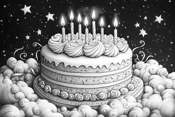 Poster - Detailed birthday cake illustration with candles on top decorated with swirls stars and ribbons Handdrawn in black and white for a fun coloring page perfect for kids to fill with color