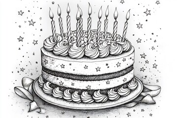 Poster - Detailed birthday cake illustration with candles on top decorated with swirls stars and ribbons Handdrawn in black and white for a fun coloring page perfect for kids to fill with color