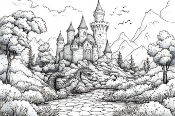 Poster - Detailed black and white handdrawn coloring page for kids with a magical castle dragons and knights in a fairytale setting perfect for imaginative adventures and creative coloring