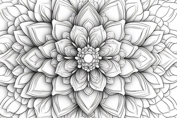 Fototapete - Detailed yoga mandala with delicate patterns and symmetrical shapes drawn in black outline on a white background Designed as a template for coloring books it provides a calming and mystical aesthetic