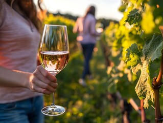 Visitors on a Vineyard Tour Enjoying Glasses of Wine in the Autumn Landscape