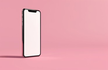 Phone with vertical clean white screen isolated on a pink background. Mock Up Display. Smartphone gadget for advertising. Top above view. Mobile phone with empty blank screen. Layout template