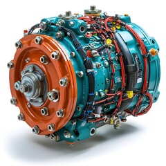 Poster - Detailed view of an electric motor with various wiring connections on an isolated white background  The image showcases the inner workings and components of this industrial machinery in a clean