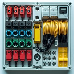Poster - detailed view of an electrical junction box with various wires and cables connected shot against a p