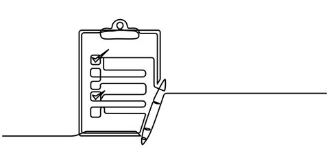 Wall Mural - Clipboard with checklist and pen in one continuous line drawing. To do list with ticks and concept for test expertise and exam in simple linear style, Continuous clipboard line drawing with checklist