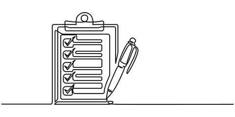Poster - Clipboard with checklist and pen in one continuous line drawing. To do list with ticks and concept for test expertise and exam in simple linear style, Continuous clipboard line drawing with checklist