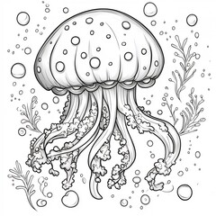 Poster - Fun handdrawn black and white drawing of a joyful jellyfish floating in the ocean perfect for kids to color and discover sea creatures