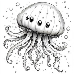 Poster - Fun handdrawn black and white drawing of a joyful jellyfish floating in the ocean perfect for kids to color and discover sea creatures