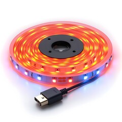 Poster - Bright and vibrant LED light strip with power adapter cable on a clean minimalist white background  Illumination technology for modern interior design and home decor concepts