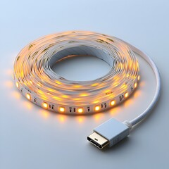 Poster - Shining LED Light Strip with Power Adapter on Bright White Background   Modern Lighting Accessory for Illumination Technology and Interior Design