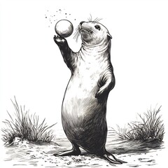 Poster - Fun handdrawn black and white drawing of a playful seal balancing a beach ball on its nose designed for kids to color and discover marine animals