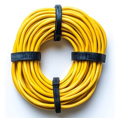 Poster - Closeup view of a coiled electrical extension cord with cable against a clean white background  The image depicts a simple modern and minimal design for technology equipment or utility concepts
