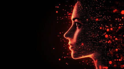 Poster - Digital silhouette of woman, glowing red particles, abstract technology concept