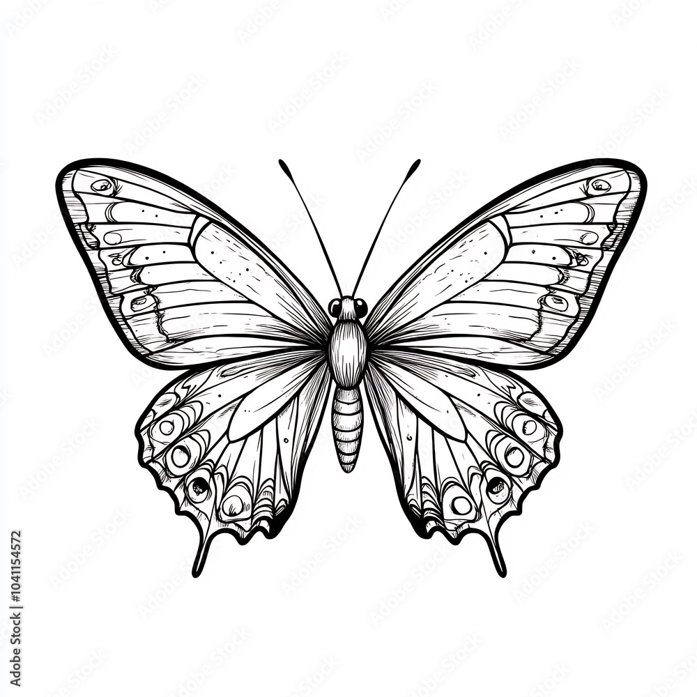 Handdrawn black and white illustration of a butterfly with large wings ...